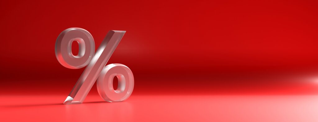 Percent sign glass texture against red color curved background. 3d illustration