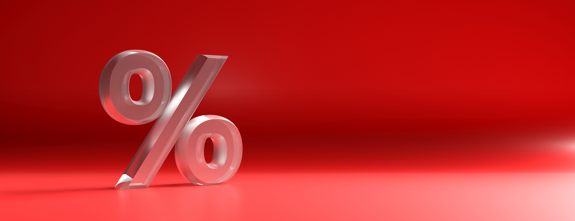 Percent sign glass texture against red color curved background. 3d illustration