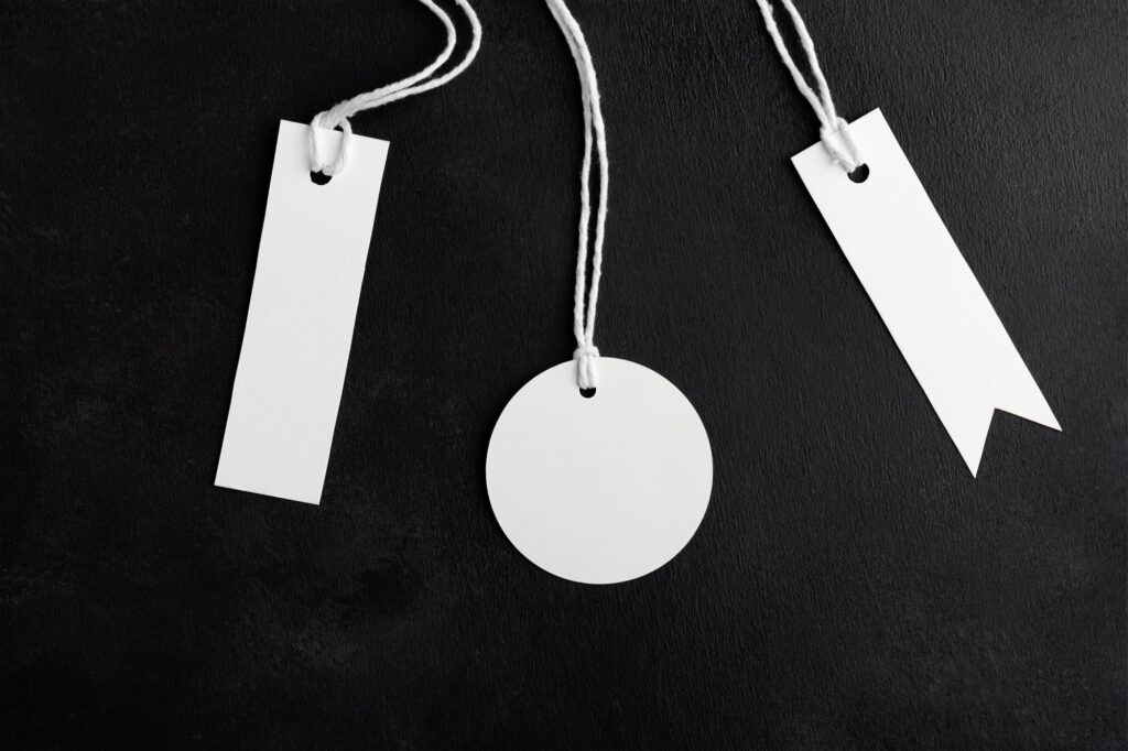 Round tag mockup, rectangle tag mockup, strip tag mockup, Various price cardboard labels on black