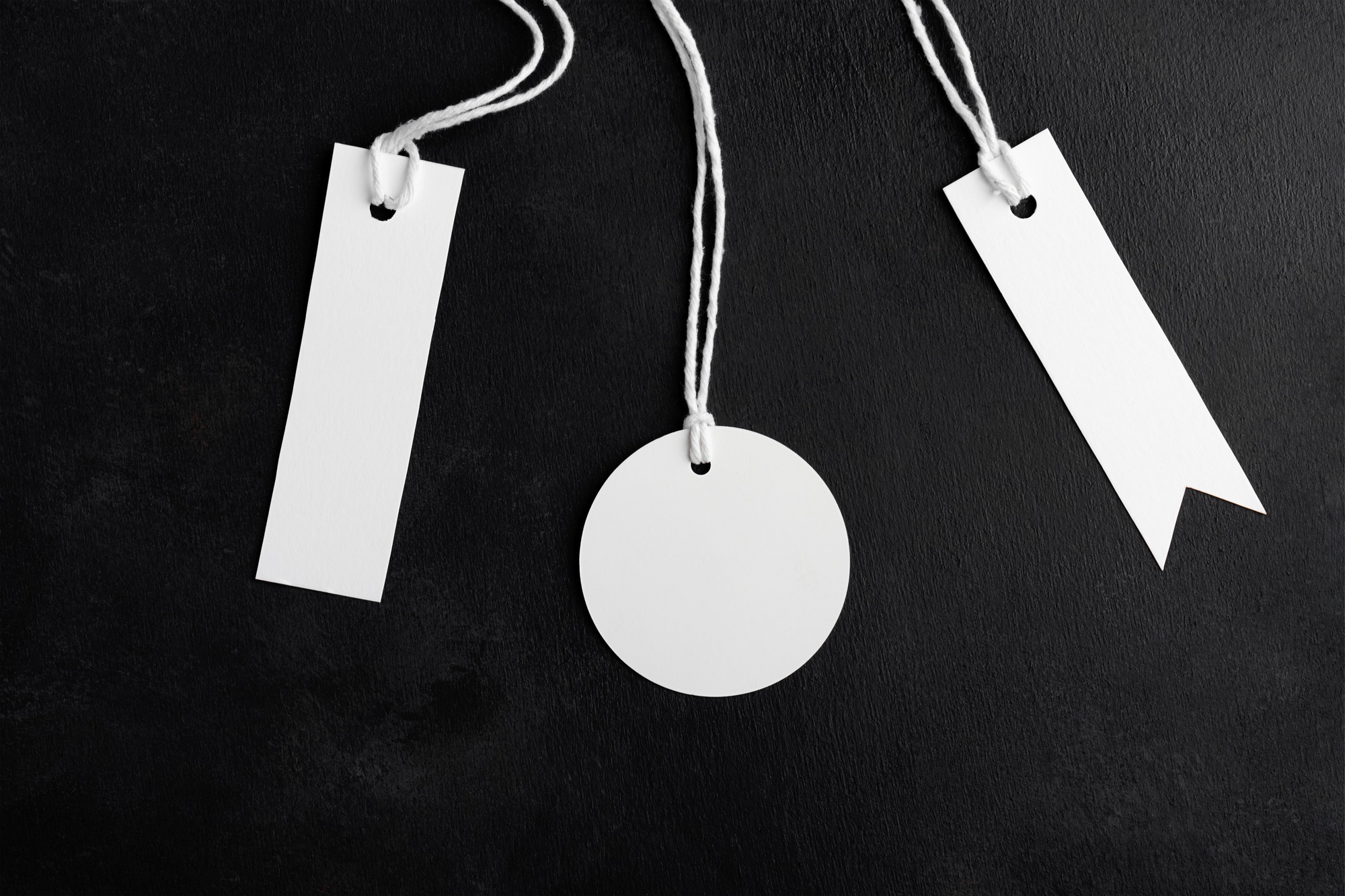 Round tag mockup, rectangle tag mockup, strip tag mockup, Various price cardboard labels on black