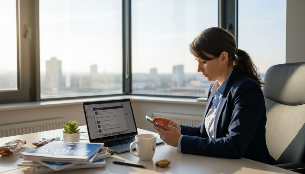 tronos Úloha sociálnych sietí v marketingu: Ako prinášajú rast značke 1 Manažérka vo svojej priestrannej kancelárii si prezerá profily na sociálnych sieťach.
