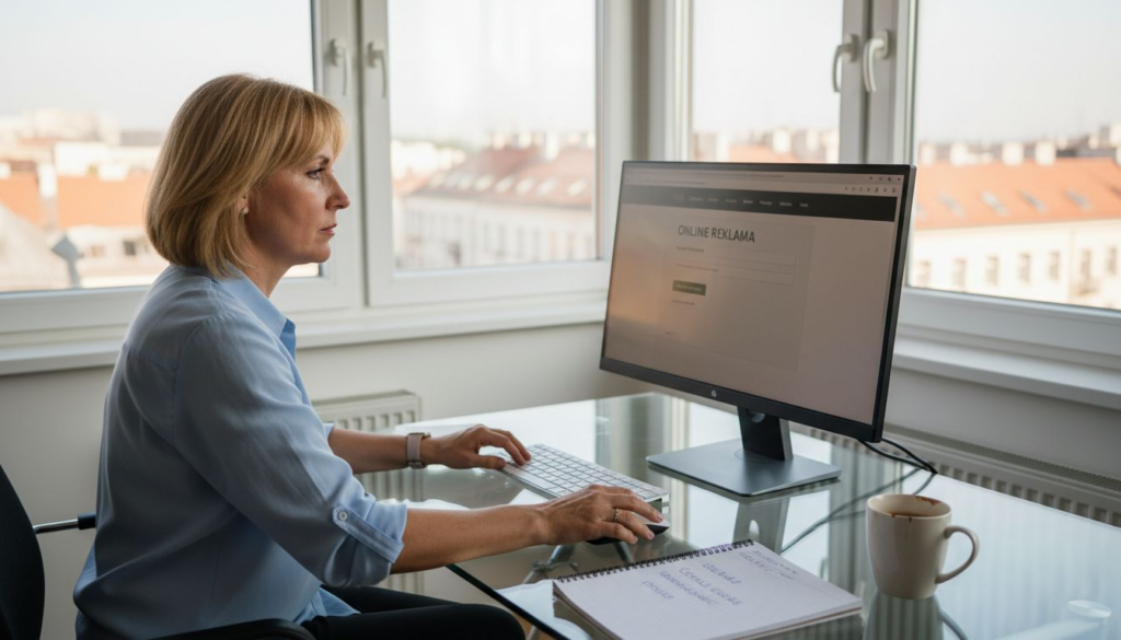 tronos Kompletný sprievodca Google reklamou pre firmy 7 Podnikateľka si pri stole nastavuje reklamy v Google Ads.