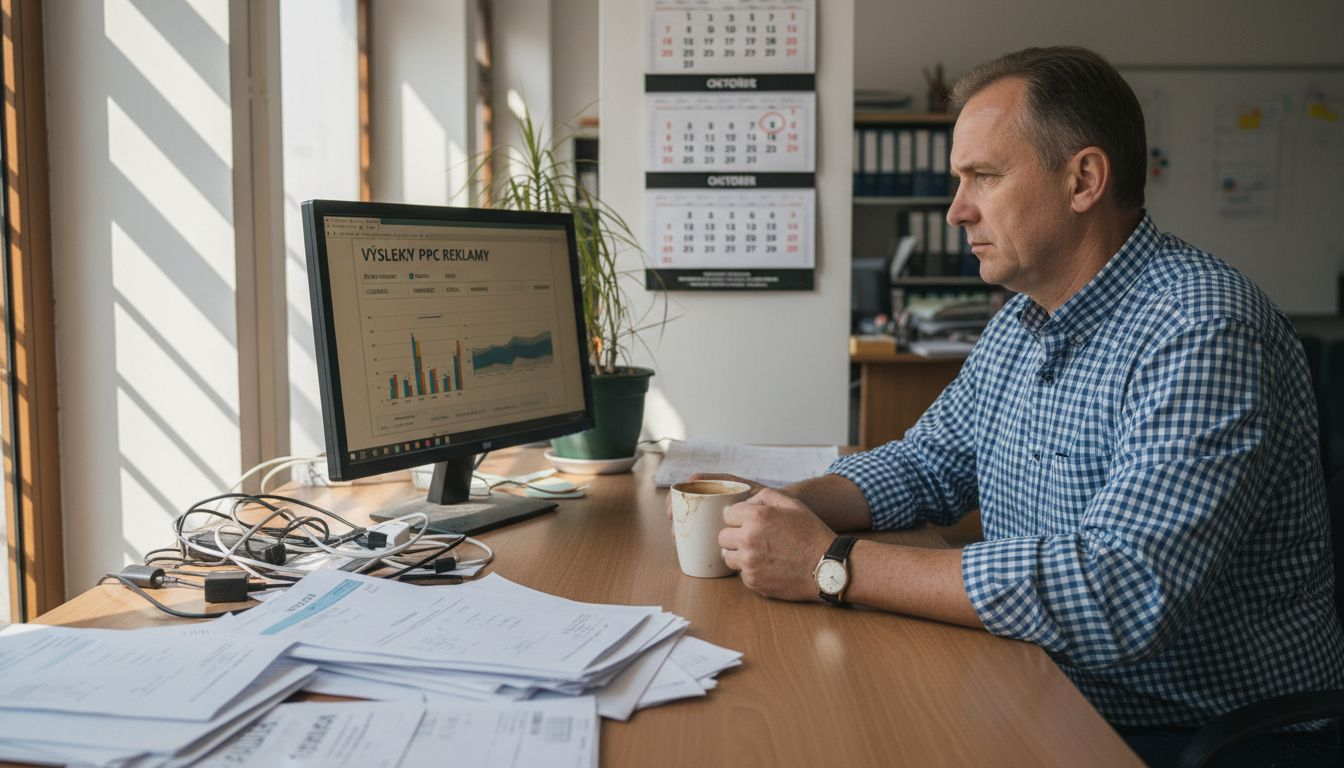 Majiteľ malej firmy si pri stole kontroluje reklamy v online kampaniach.