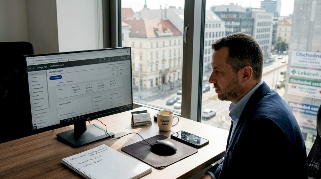 tronos Ako nastaviť Google reklamu: sprievodca pre firmy 2026 3 Podnikateľ si za stolom pripravuje a nastavuje reklamnú kampaň na Google.